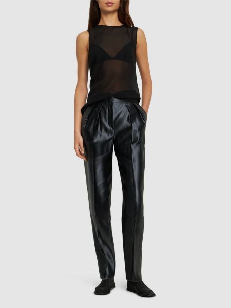 Hedvábné lněné rovné kalhoty s vysokým pasem Giorgio Armani černé