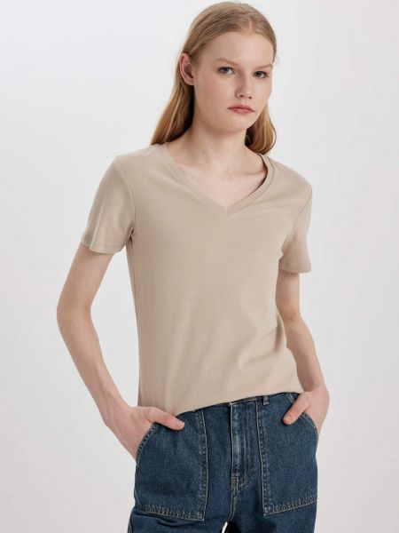 Slim fit majica z v-izrezom s kratkimi rokavi Defacto