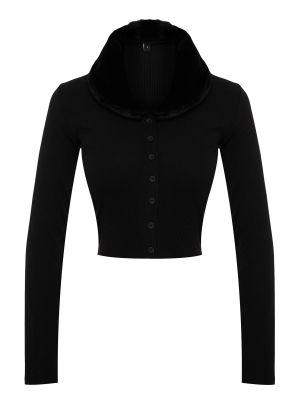 Dzianinowa bluzka z futerkiem sztruksowa Trendyol czarna