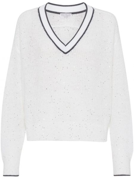 Пуловер с пайети с v-образно деколте Brunello Cucinelli бяло