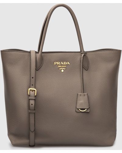 Шкіряна тоут сумка через плече з логотипом Prada, бежева
