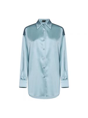 Jedwabna satynowa koszula w piórka Tom Ford niebieska