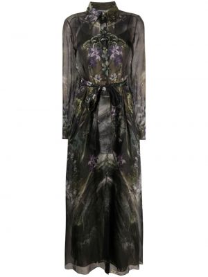 Svilena dolga obleka s cvetličnim vzorcem s potiskom Alberta Ferretti zelena