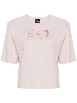 Medvilninis siuvinėtas marškinėliai Ea7 Emporio Armani rožinė