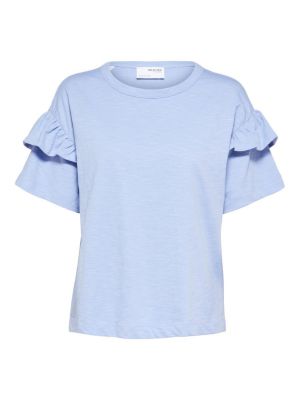 Jednofarebné bavlnené priliehavé tričko Selected Femme - modrá