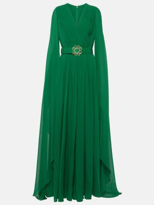 Plisované šifonové hedvábné dlouhé šaty Elie Saab zelené