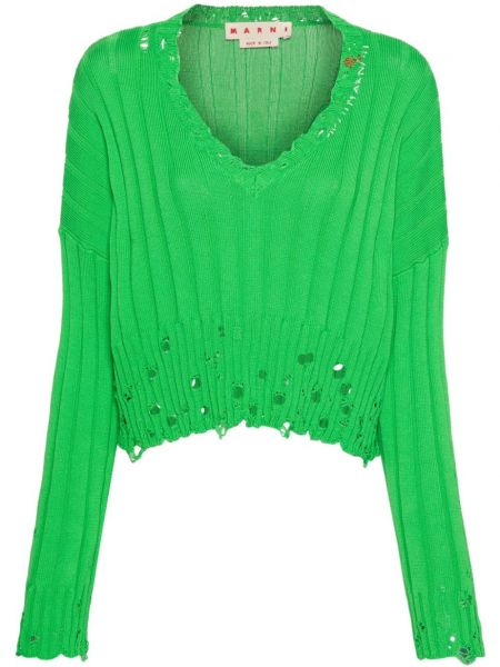 Памучен пуловер с протрити краища Marni зелено