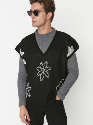 Oversize džemperis ar ziediem Trendyol melns