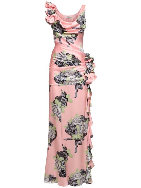 Rochie de seară din satin de mătase cu imagine Alessandra Rich roz