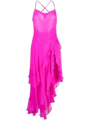 Hedvábné koktejlové šaty s výstřihem do v s volány Retrofete - růžová