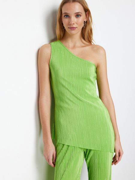 Plisovaná asymetrická pletená blůza s límečkem Trendyol zelená