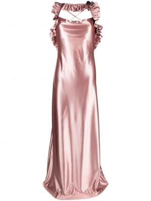 Saténové dlouhé šaty s volány Rayane Bacha růžové