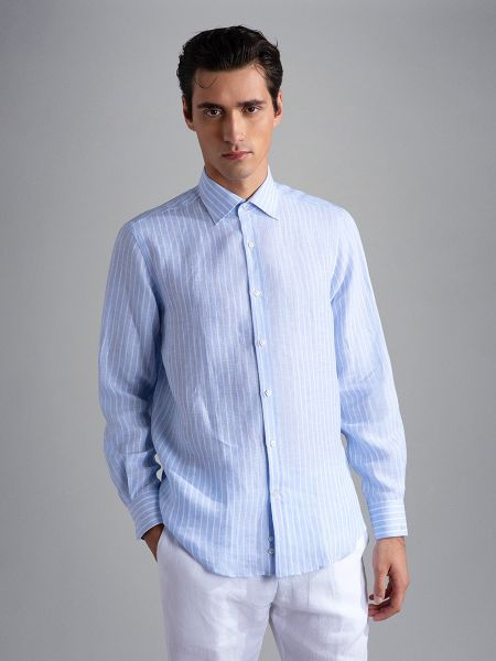 Camisa de lino a rayas manga larga Paul & Shark azul
