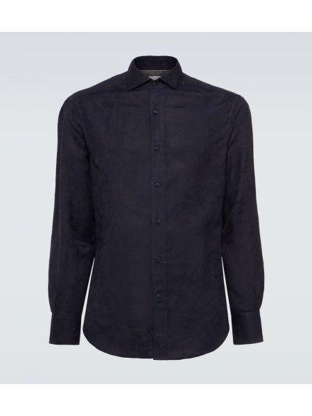 Βαμβακερό λινό πουκάμισο Brunello Cucinelli μπλε
