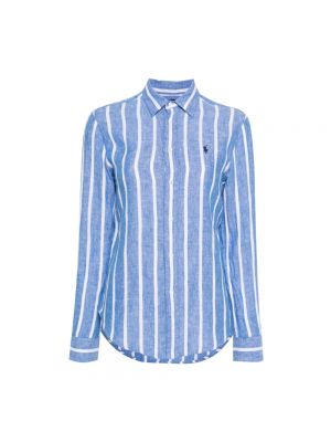Lniana długa koszula z długim rękawem w paski Ralph Lauren niebieska