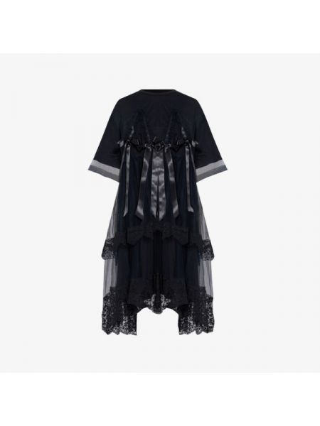 Кружевное платье миди из джерси с пышными рукавами Simone Rocha черное