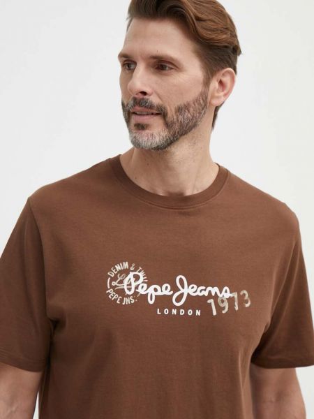 Koszulka z nadrukiem Pepe Jeans brązowa