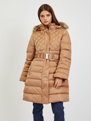 Πουπουλένιο παλτό χειμωνιάτικο με γούνα με κουκούλα Guess καφέ
