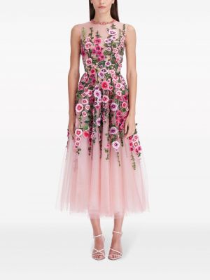 Haftowana sukienka koktajlowa w kwiatki tiulowa Oscar De La Renta różowa