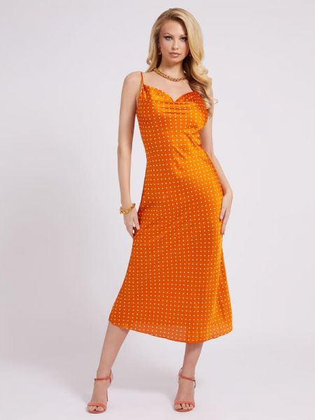 Sukienka midi w grochy Guess pomarańczowa