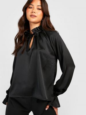 Черная атласная блузка с рюшами Boohoo
