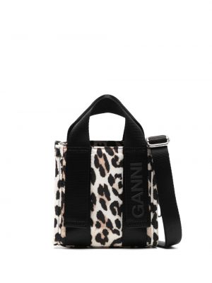 Shopper handtasche mit print mit leopardenmuster Ganni schwarz