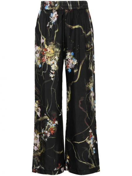 Pantaloni cu picior drept de mătase cu model floral cu imagine Munthe negru