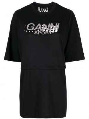 Koszulka z nadrukiem z siateczką Ganni czarna