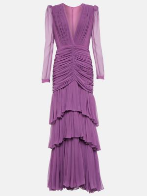 Jedwabna sukienka długa szyfonowa Costarellos fioletowa
