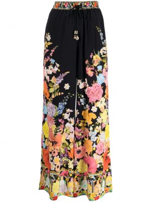 Svilene hlače s cvetličnim vzorcem s potiskom Camilla črna