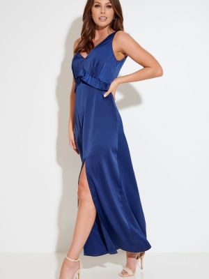 Атласное длинное платье с глубоким декольте Pour Moi синее