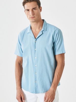 Λινό πουκάμισο με κοντό μανίκι σε φαρδιά γραμμή Altinyildiz Classics μπλε