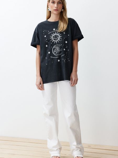Dzianinowa koszulka z nadrukiem oversize Trendyol czarna