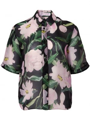 Копринена риза на цветя с принт Carolina Herrera черно