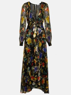 Rochie lunga de mătase cu model floral Rixo negru