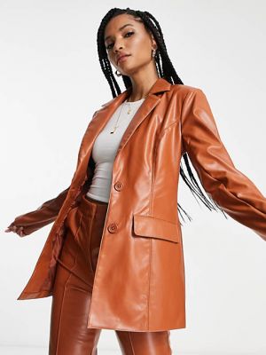Кожаный приталенный пиджак Asos коричневый
