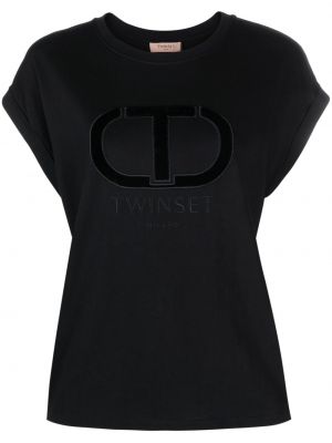 Bavlněné tričko s výšivkou Twinset černé