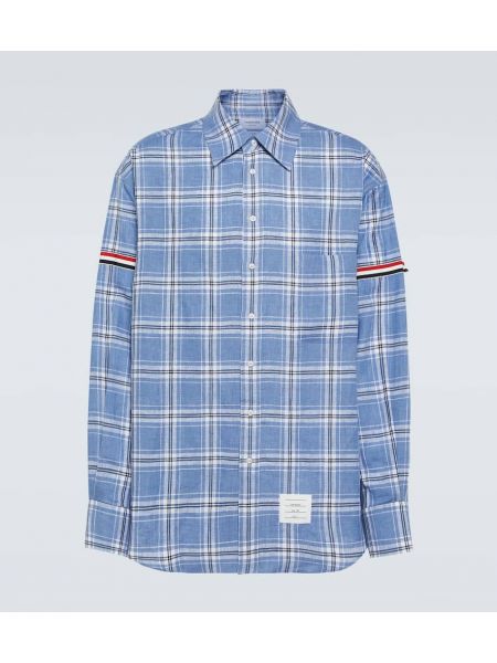 Lunga camicia di lino a quadri Thom Browne blu