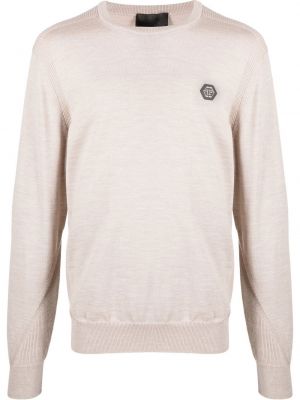 Sweter wełniany z wełny merino Philipp Plein beżowy
