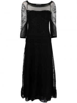 Viskózové koktejlové šaty s výšivkou s lodičkovým výstřihem Alberta Ferretti - černá