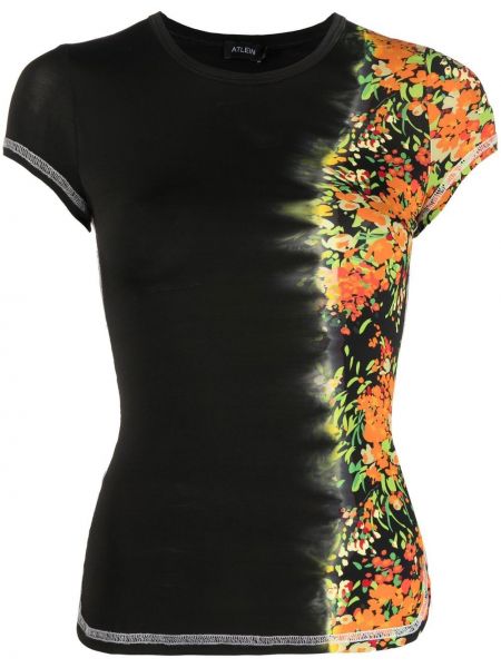 Tricou slim fit cu model floral cu imagine Atlein negru