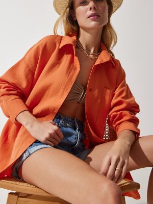 Oversized πουκάμισο με τσέπες από μουσελίνα Happiness İstanbul πορτοκαλί