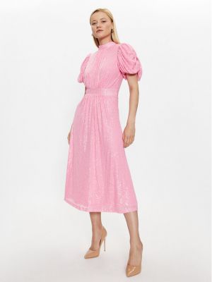 Коктейлна рокля с пайети с буфан ръкави Rotate розово
