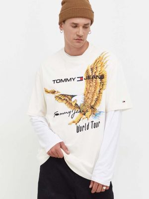 Bavlněné tričko s potiskem Tommy Jeans béžové