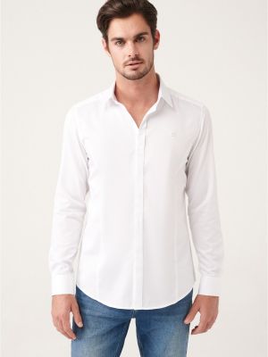 Βαμβακερό σατέν πουκάμισο σε στενή γραμμή Avva λευκό