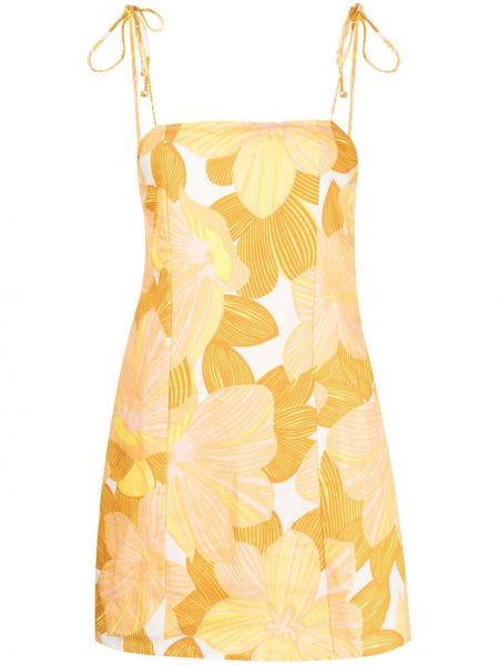 Květinové lněné mini šaty Faithfull The Brand - žlutá