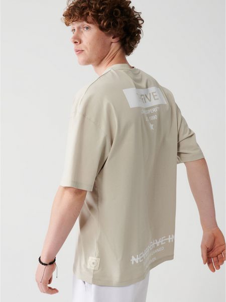 Oversize памучна тениска с принт Avva бежово