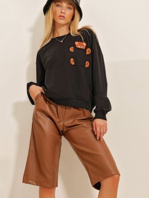 Džemperis bez kapuces ar izšuvumiem ar kabatām Trend Alaçatı Stili melns