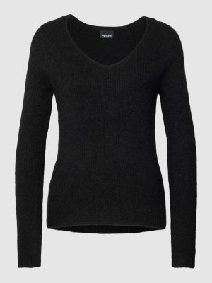 Dzianinowy sweter z dekoltem w serek Pieces czarny