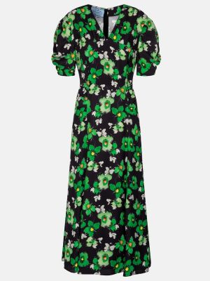 Kvetinové saténové midi šaty Prada zelená